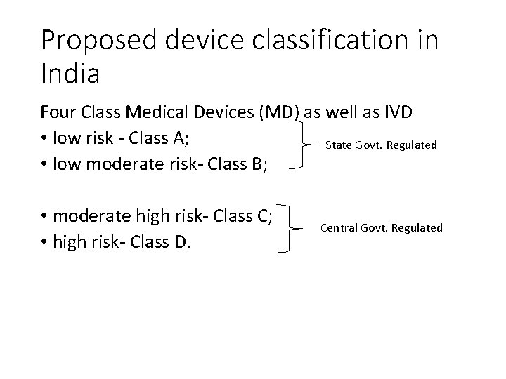 Proposed device classification in India Four Class Medical Devices (MD) as well as IVD