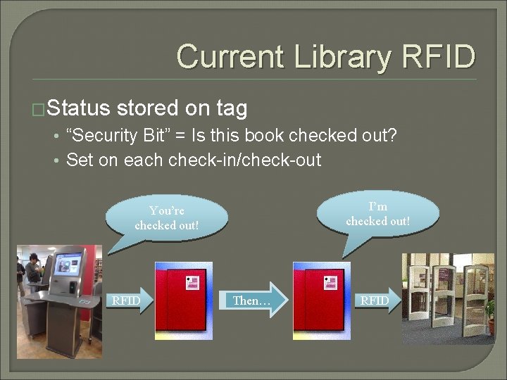 Current Library RFID �Status stored on tag • “Security Bit” = Is this book