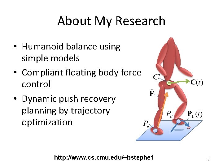 About My Research • Humanoid balance using simple models • Compliant floating body force