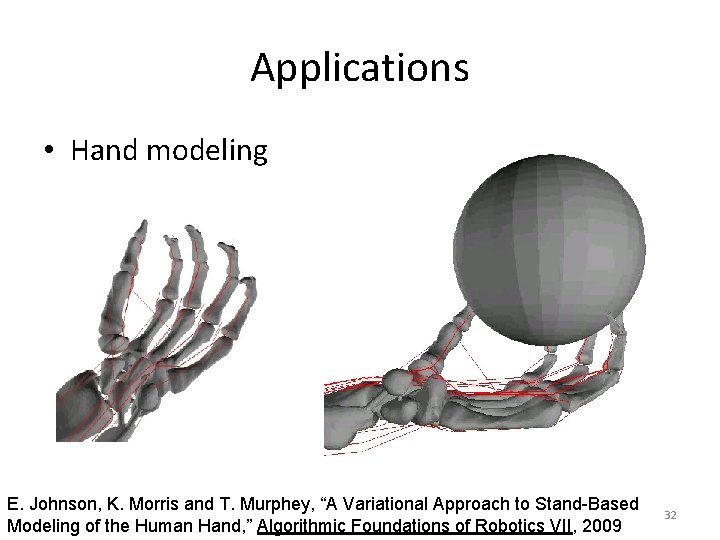 Applications • Hand modeling E. Johnson, K. Morris and T. Murphey, “A Variational Approach