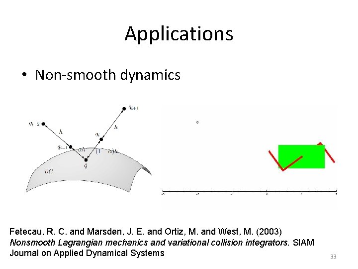 Applications • Non-smooth dynamics Fetecau, R. C. and Marsden, J. E. and Ortiz, M.