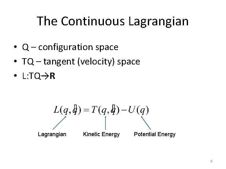 The Continuous Lagrangian • Q – configuration space • TQ – tangent (velocity) space