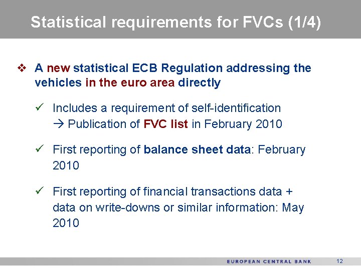 Statistical requirements for FVCs (1/4) v A new statistical ECB Regulation addressing the vehicles
