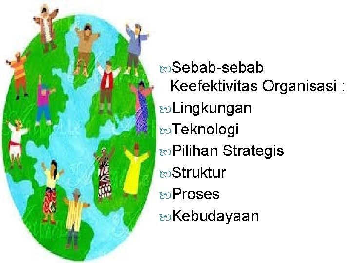  Sebab-sebab Keefektivitas Organisasi : Lingkungan Teknologi Pilihan Strategis Struktur Proses Kebudayaan 