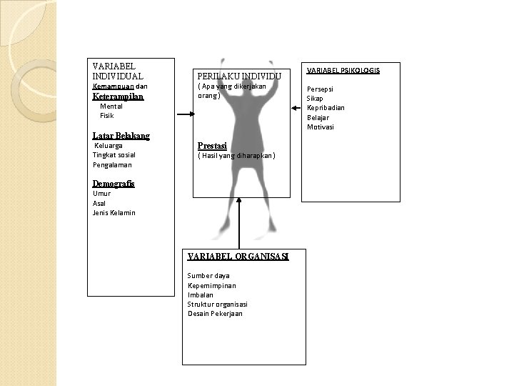 VARIABEL INDIVIDUAL Kemampuan dan Keterampilan PERILAKU INDIVIDU ( Apa yang dikerjakan orang ) Mental