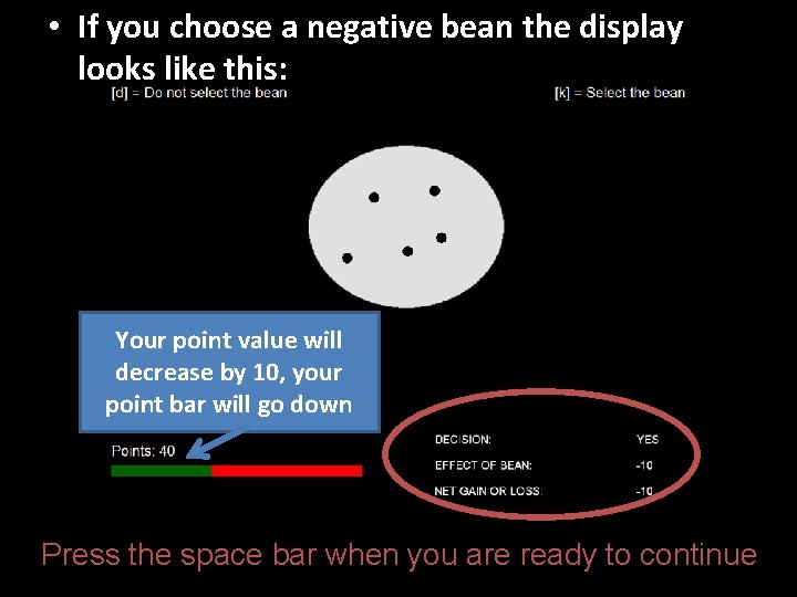  • If you choose a negative bean the display looks like this: Your