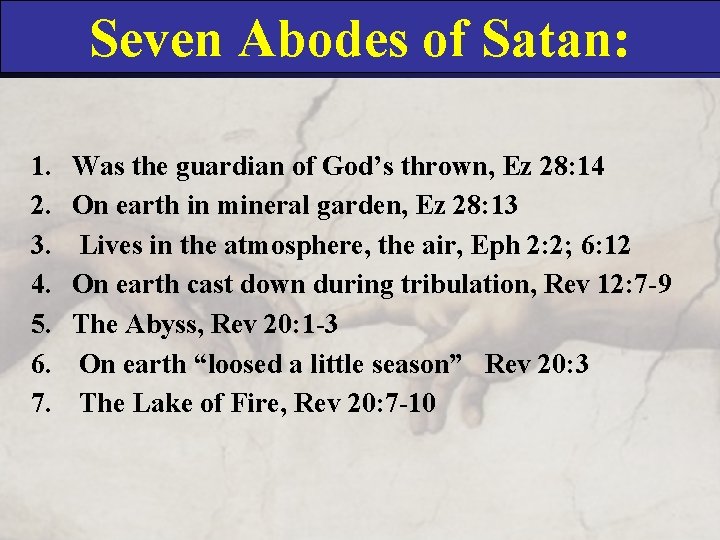 Seven Abodes of Satan: 1. 2. 3. 4. 5. 6. 7. Was the guardian