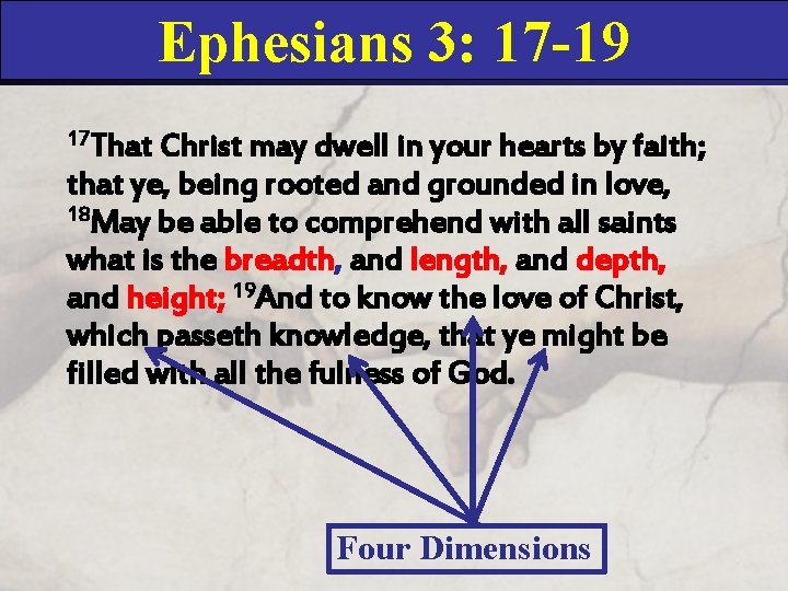 Ephesians 3: 17 -19 17 That Christ may dwell in your hearts by faith;