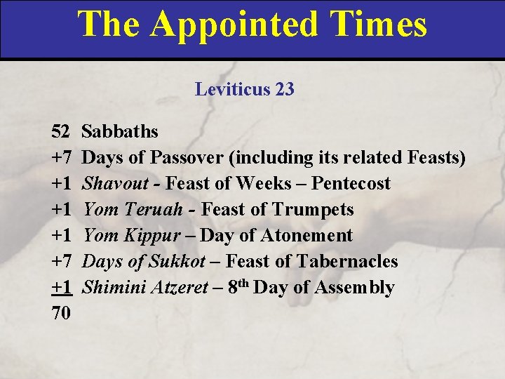 The Appointed Times Leviticus 23 52 +7 +1 +1 +1 +7 +1 70 Sabbaths