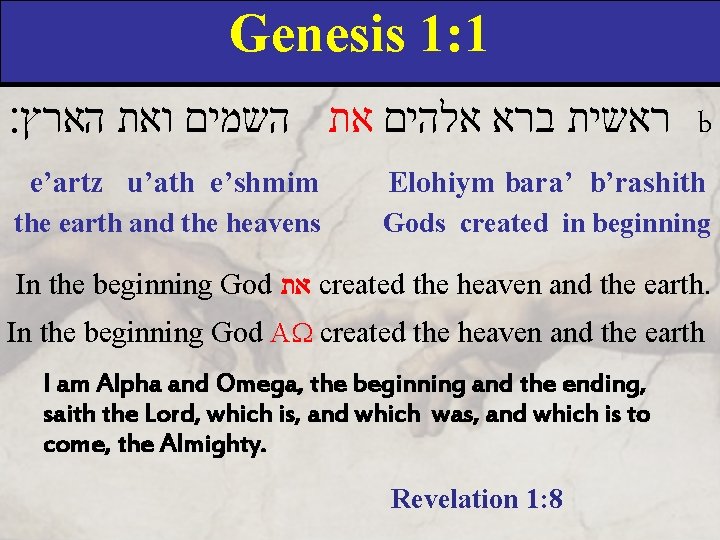 Genesis 1: 1 ראשית ברא אלהים את השמים ואת הארץ׃ b e’artz u’ath e’shmim
