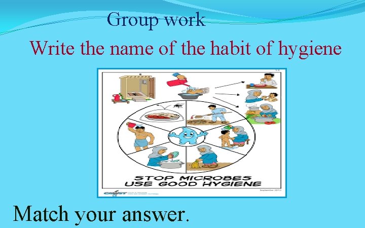 Group work Write the name of the habit of hygiene Match your answer. 