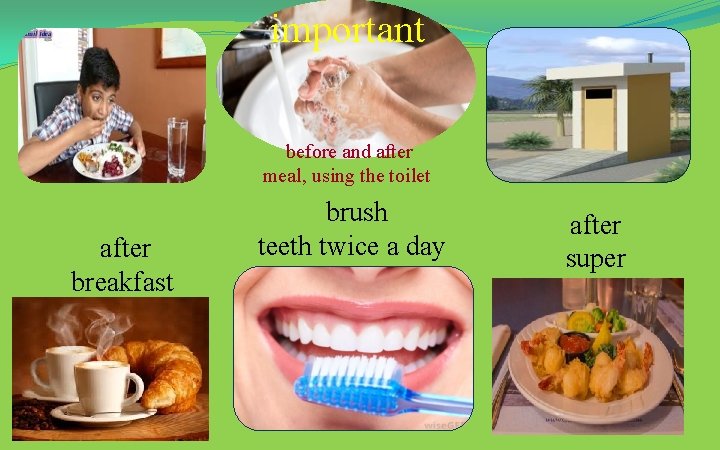 important before and after meal, using the toilet after breakfast brush teeth twice a