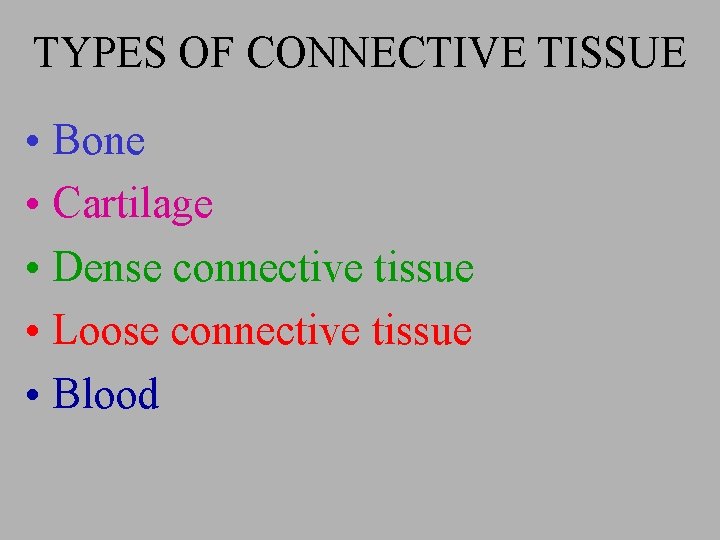 TYPES OF CONNECTIVE TISSUE • Bone • Cartilage • Dense connective tissue • Loose