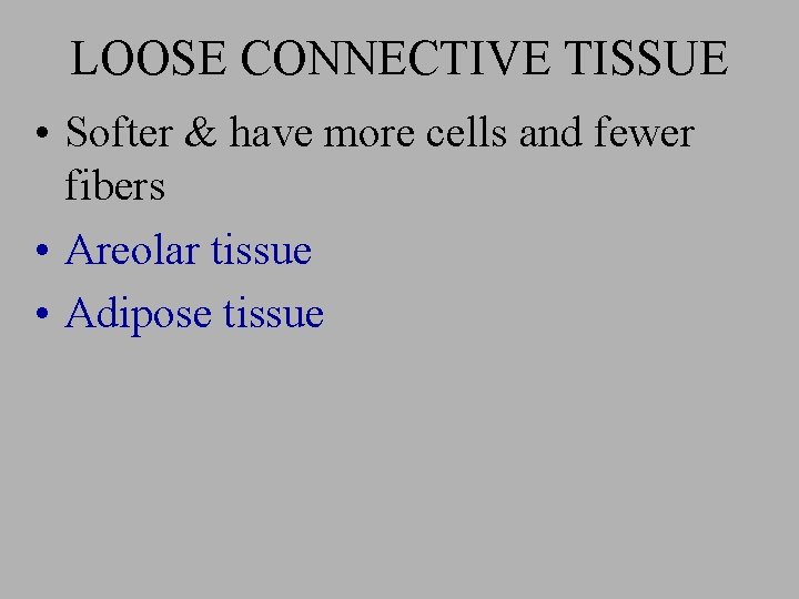 LOOSE CONNECTIVE TISSUE • Softer & have more cells and fewer fibers • Areolar