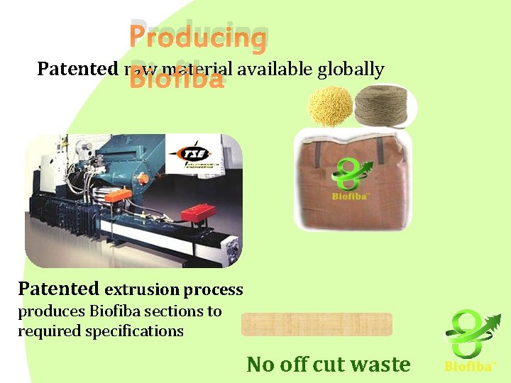 Producing Patented raw material available globally Biofiba Patented extrusion process produces Biofiba sections to