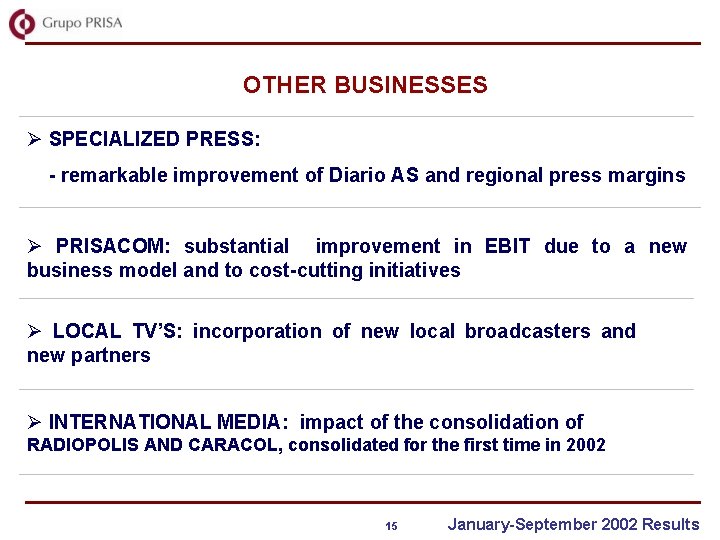 OTHER BUSINESSES Ø SPECIALIZED PRESS: - remarkable improvement of Diario AS and regional press