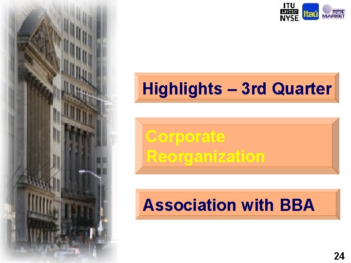 Highlights – 3 rd Quarter Corporate Reorganization Association with BBA 24 