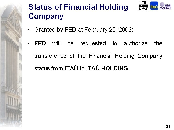 Status of Financial Holding Company • Granted by FED at February 20, 2002; •