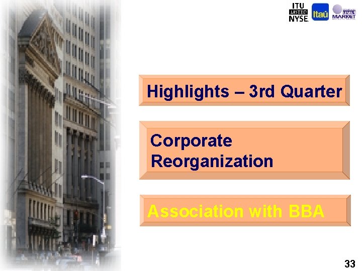 Highlights – 3 rd Quarter Corporate Reorganization Association with BBA 33 