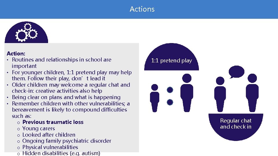 Actions Action: • Routines and relationships in school are important • For younger children,