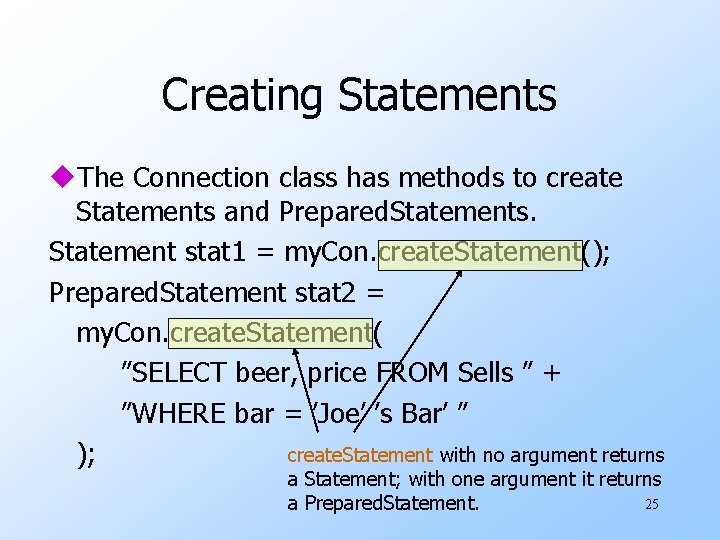 Creating Statements u. The Connection class has methods to create Statements and Prepared. Statements.
