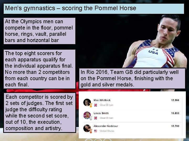 Men’s gymnastics – scoring the Pommel Horse At the Olympics men can compete in