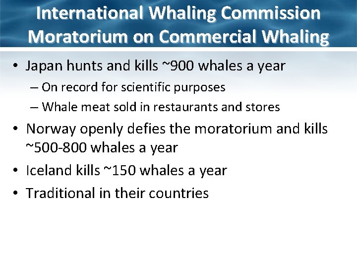 International Whaling Commission Moratorium on Commercial Whaling • Japan hunts and kills ~900 whales International Whaling Commission Moratorium on Commercial Whaling • Japan hunts and kills ~900 whales