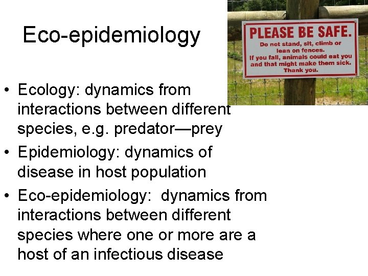 Eco-epidemiology • Ecology: dynamics from interactions between different species, e. g. predator—prey • Epidemiology: