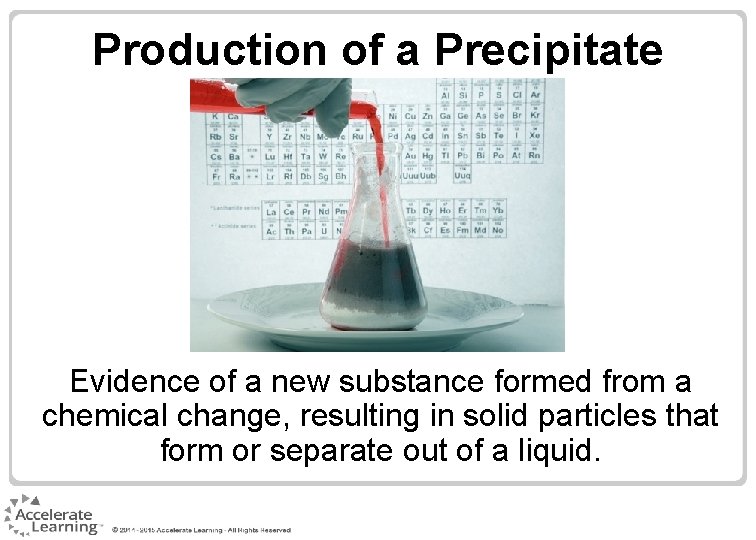 Production of a Precipitate Evidence of a new substance formed from a chemical change,