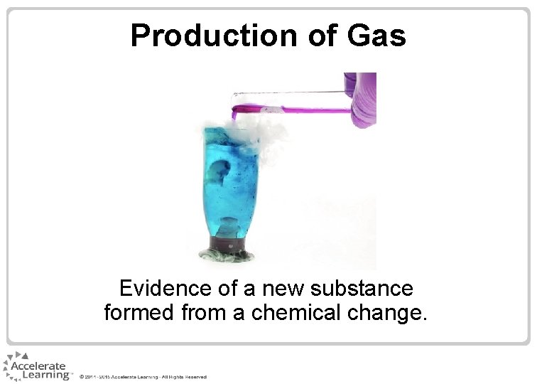 Production of Gas Evidence of a new substance formed from a chemical change. 