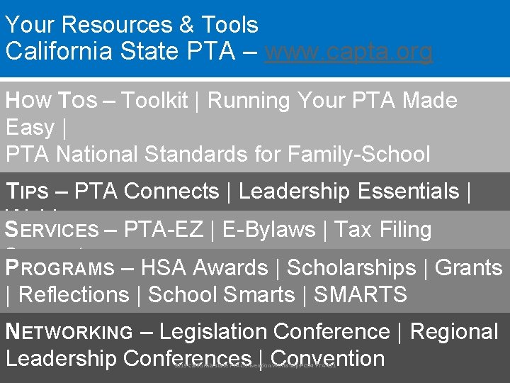 Your Resources & Tools California State PTA – www. capta. org HOW TOS –