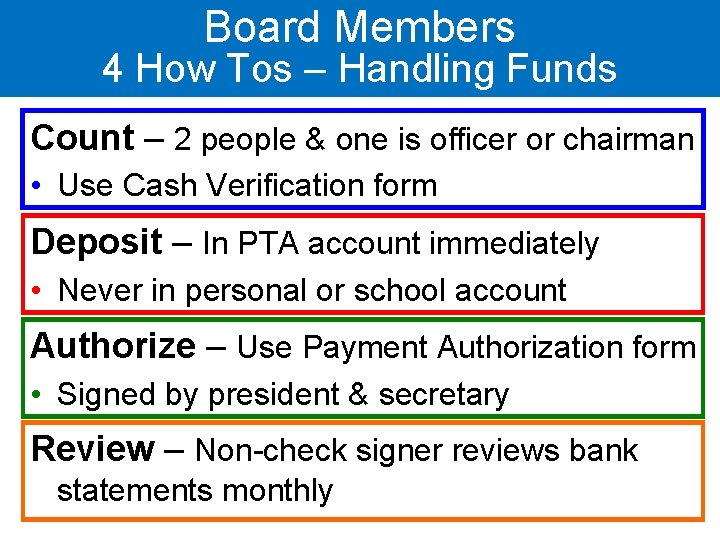 Board Members 4 How Tos – Handling Funds Count – 2 people & one