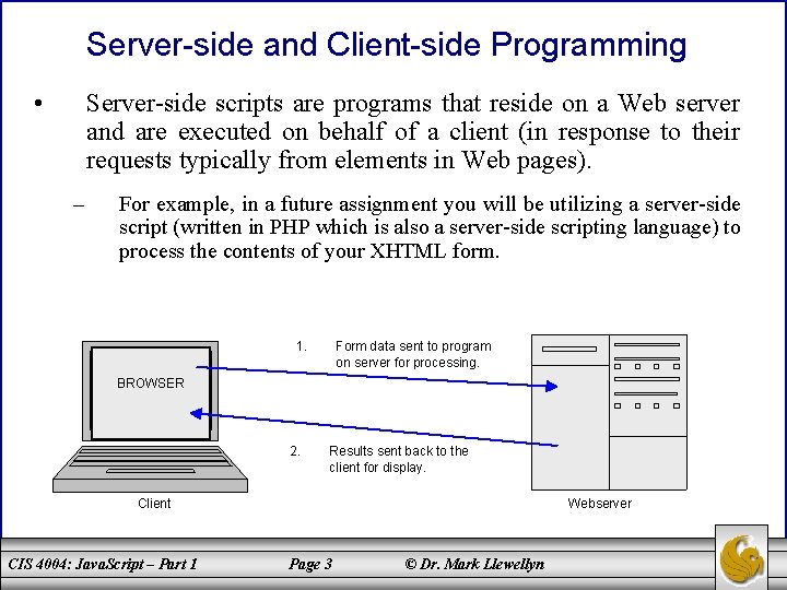 Server-side and Client-side Programming • Server-side scripts are programs that reside on a Web