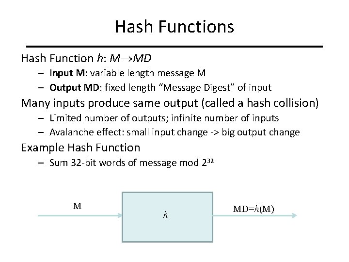 Hash Functions Hash Function h: M MD – Input M: variable length message M