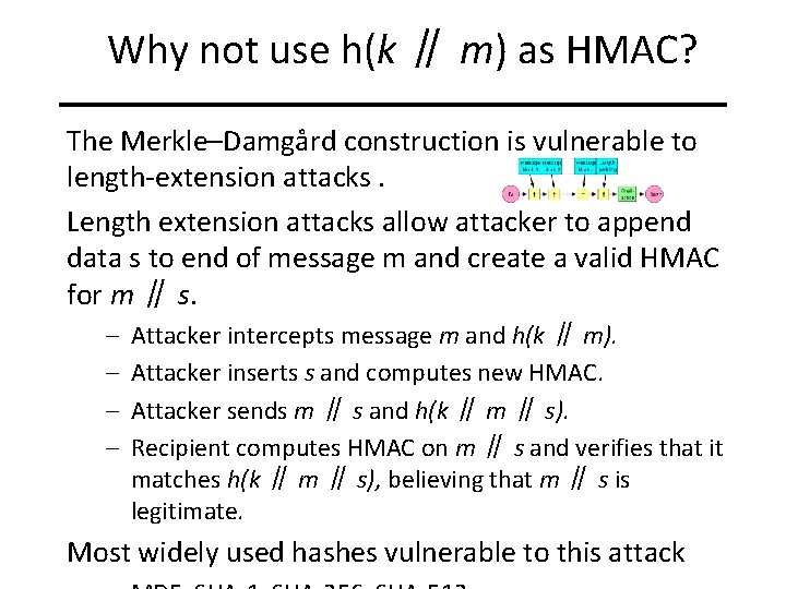 Why not use h(k ∥ m) as HMAC? The Merkle–Damgård construction is vulnerable to