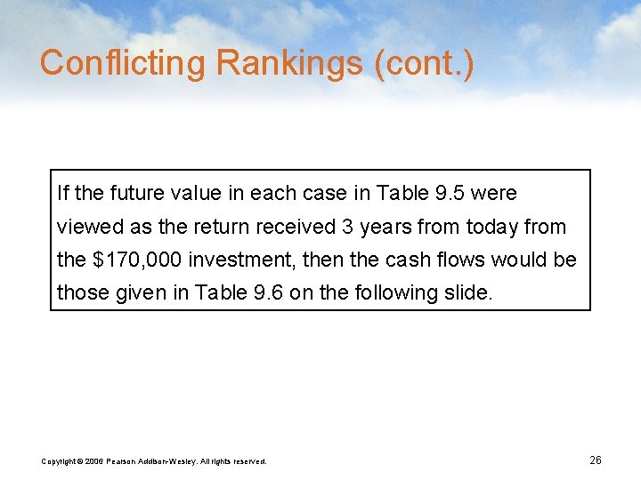 Conflicting Rankings (cont. ) If the future value in each case in Table 9.