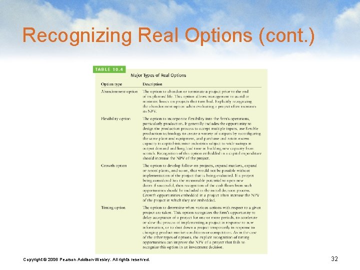 Recognizing Real Options (cont. ) Copyright © 2006 Pearson Addison-Wesley. All rights reserved. 32