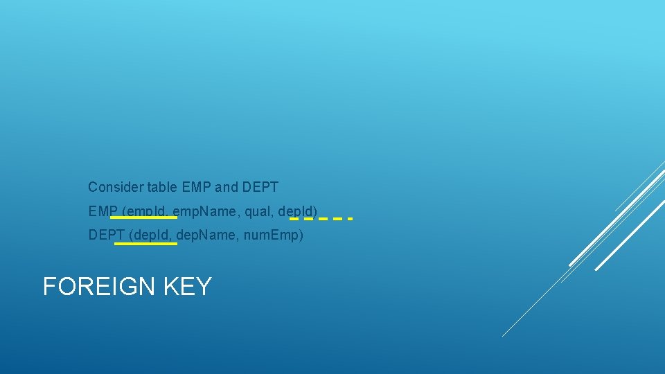 Consider table EMP and DEPT EMP (emp. Id, emp. Name, qual, dep. Id) DEPT