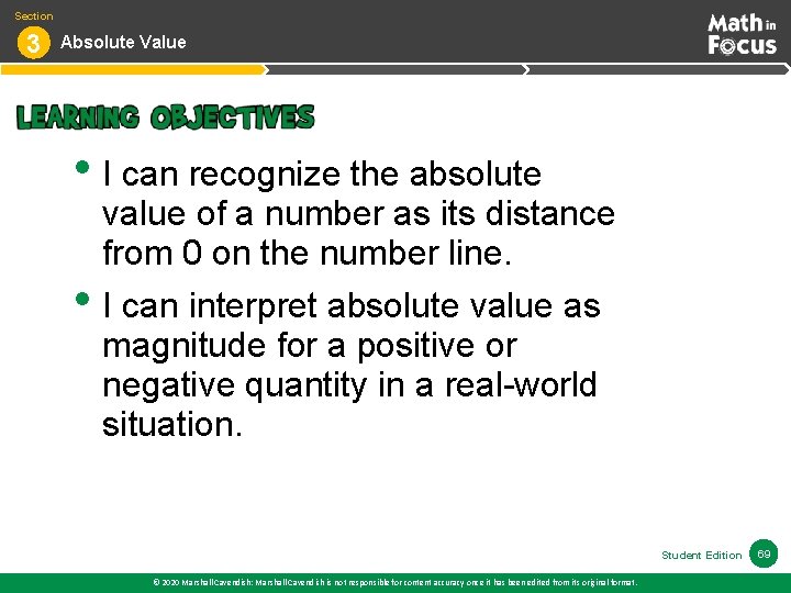 Section 3 Absolute Value • I can recognize the absolute • value of a