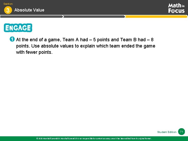 Section 3 Absolute Value 1 At the end of a game, Team A had