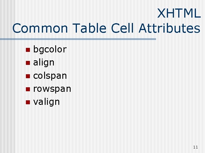 XHTML Common Table Cell Attributes bgcolor n align n colspan n rowspan n valign