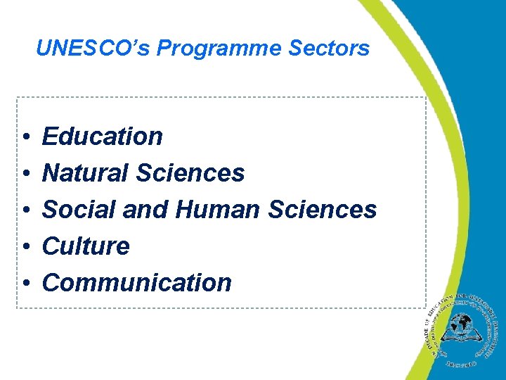 UNESCO’s Programme Sectors • • • Education Natural Sciences Social and Human Sciences Culture