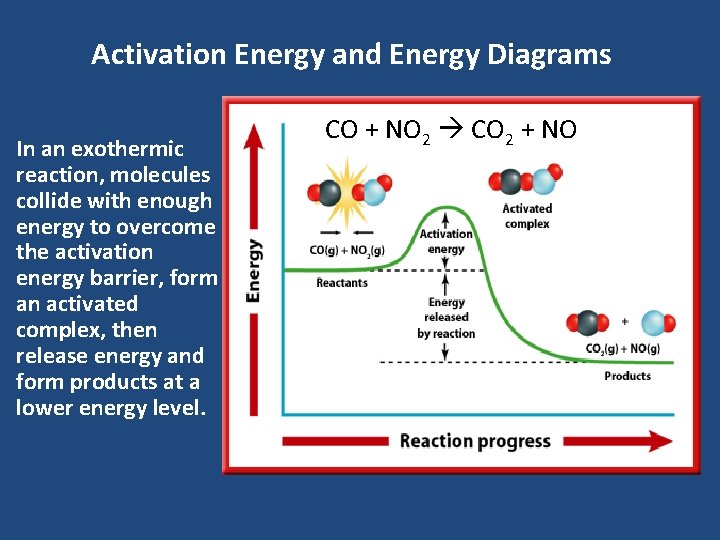 Activation Energy and Energy Diagrams • In an exothermic reaction, molecules collide with enough