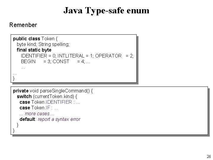 Java Type-safe enum Remenber public class Token { byte kind; String spelling; final static