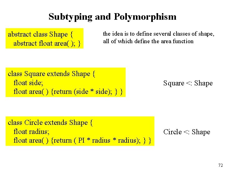 Subtyping and Polymorphism abstract class Shape { abstract float area( ); } the idea