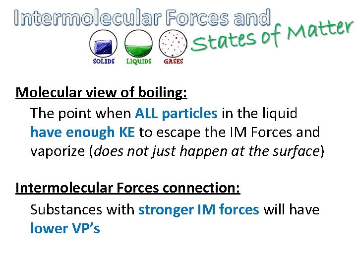 Molecular view of boiling: The point when ALL particles in the liquid have enough