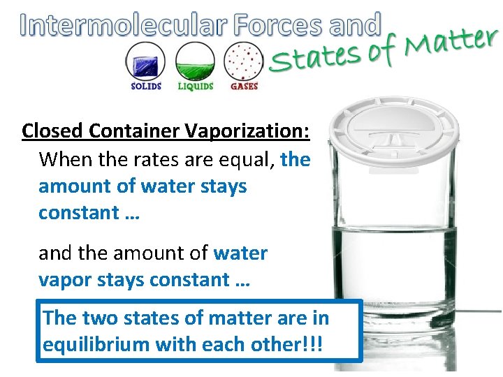 Closed Container Vaporization: When the rates are equal, the amount of water stays constant