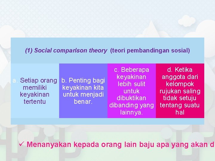 (1) Social comparison theory (teori pembandingan sosial) c. Beberapa d. Ketika keyakinan anggota dari