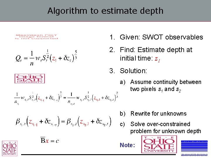 Algorithm to estimate depth 1. Given: SWOT observables 2. Find: Estimate depth at initial
