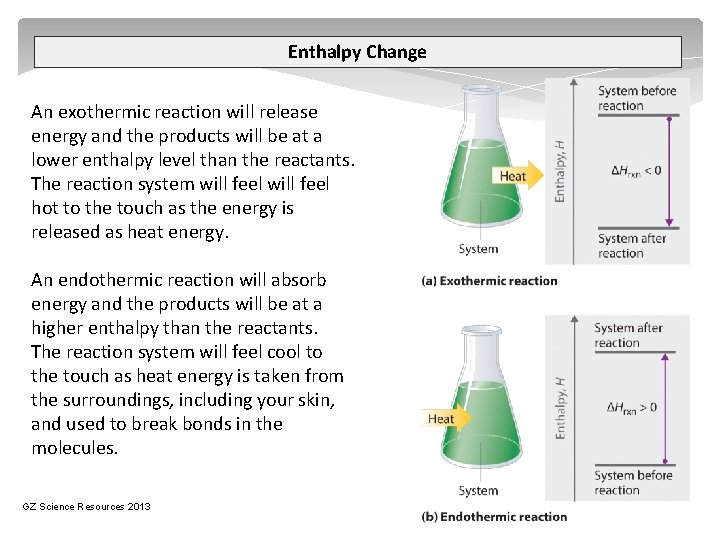 Enthalpy Change An exothermic reaction will release energy and the products will be at